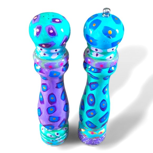 Hand Painted Wooden Salt and Pepper Shakers Blue Purple 10" NEVER USED - Picture 7 of 9